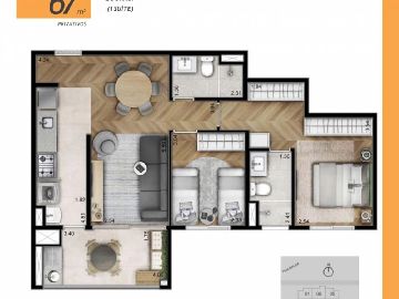 Planta 67 m� 2 Dormit�rios com 1 Su�te