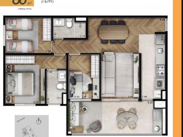 Planta 86 m� 3 dormit�rios com 1 su�te