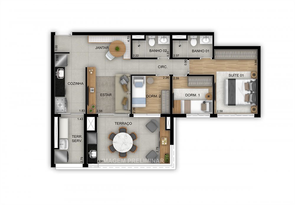 Planta 82 m² 3 dormitórios