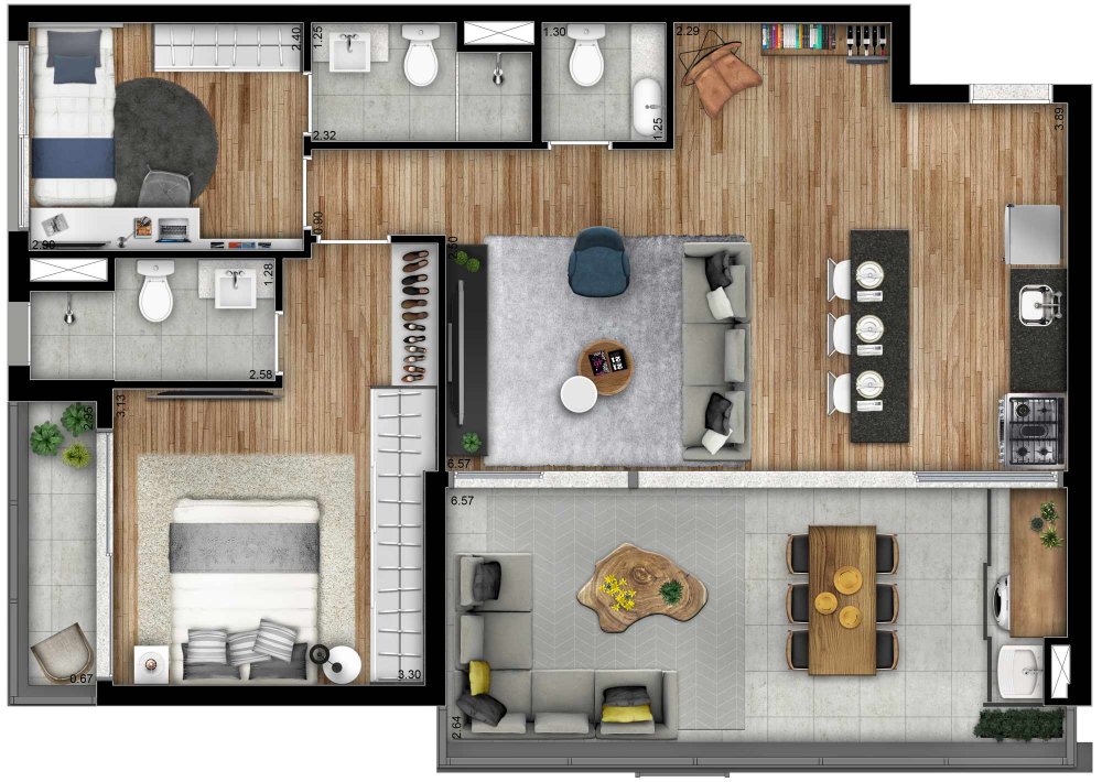 Planta 88 m� com Living ampliado