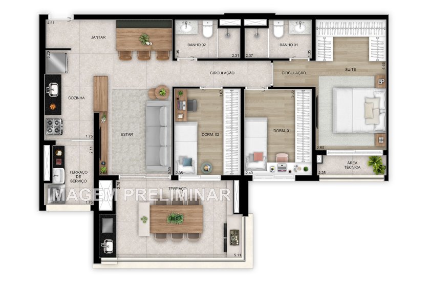 Planta 91 m² 3 dormitórios