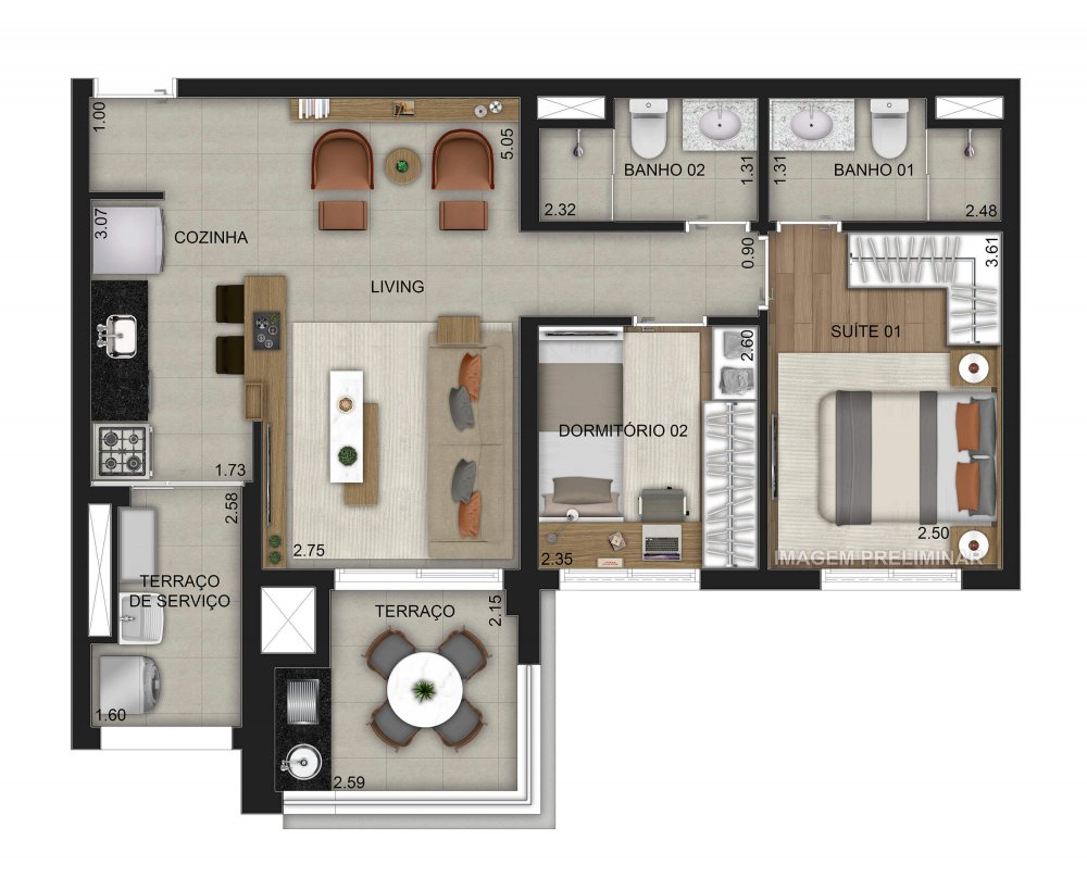 Planta 64 m² 2 dormitórios