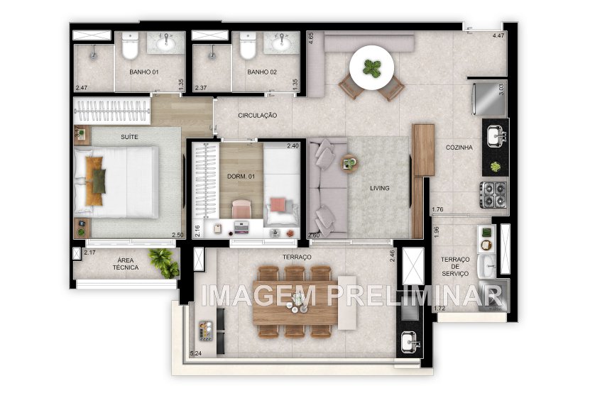 planta 69 m² 2 dormitórios