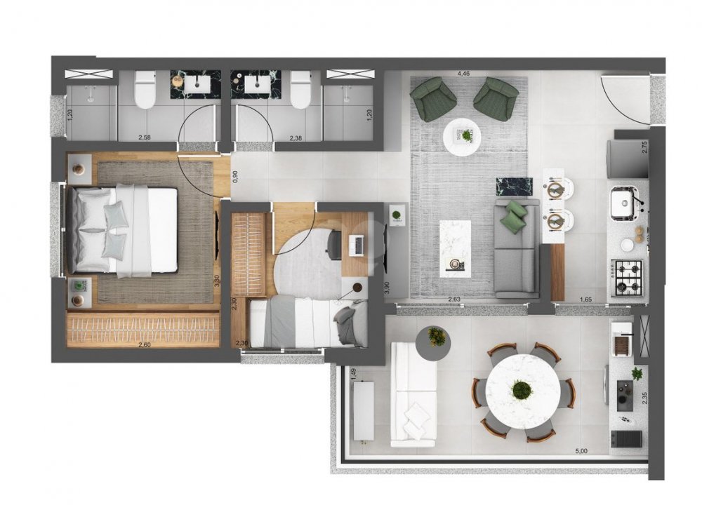 Planta 2 dormit�rios 61 m�