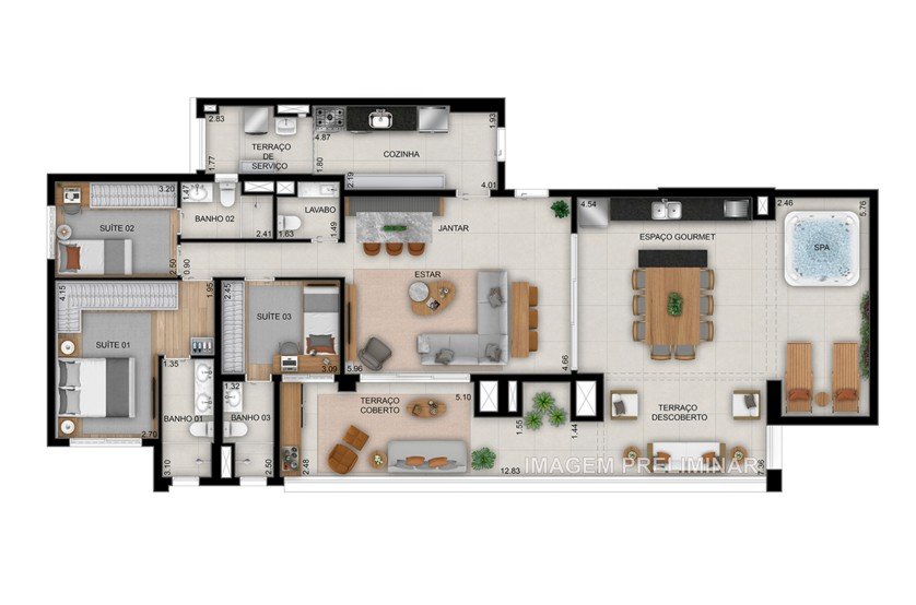 Planta 181 m� 3 su�tes - Penthouse