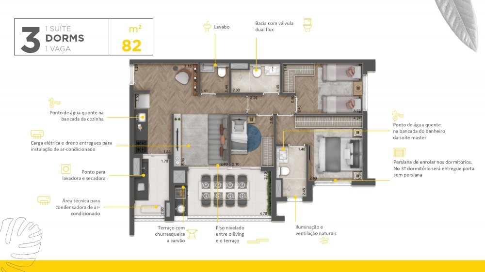 Planta 82 m² 3 dormitórios