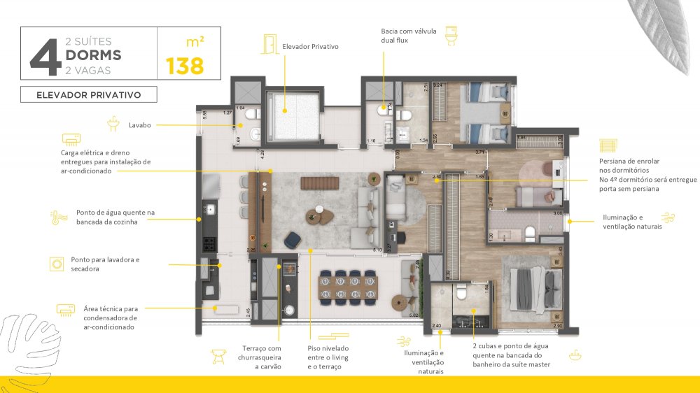 Planta 138 m² 4 dormitórios