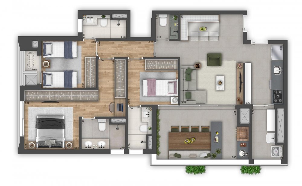 Planta 105 m² 3 suítes