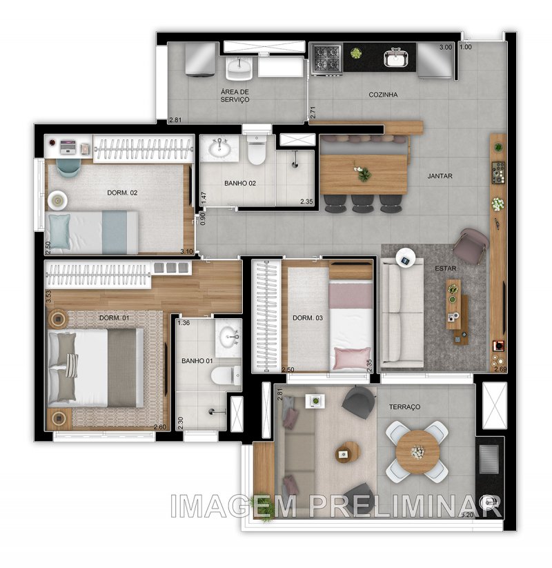 Planta 3 dormit�rios 88 m� op��o 1