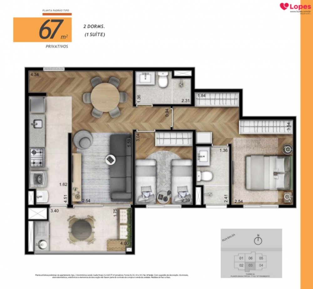 Planta 67 m² 2 Dormitórios com 1 Suíte