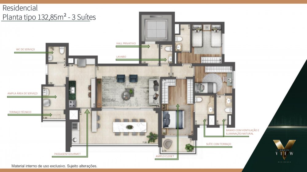 Planta 132 m� 3 su�tes