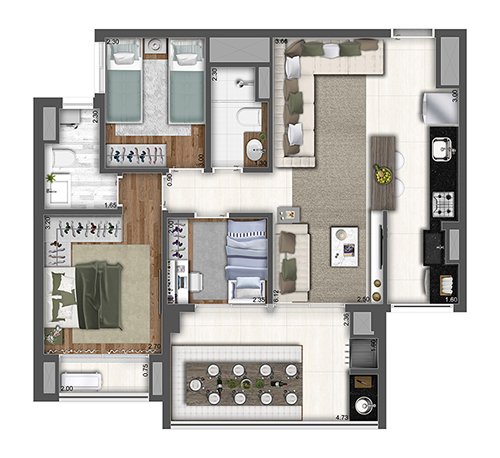 Planta 78 m² 3 dorms, 1 suite