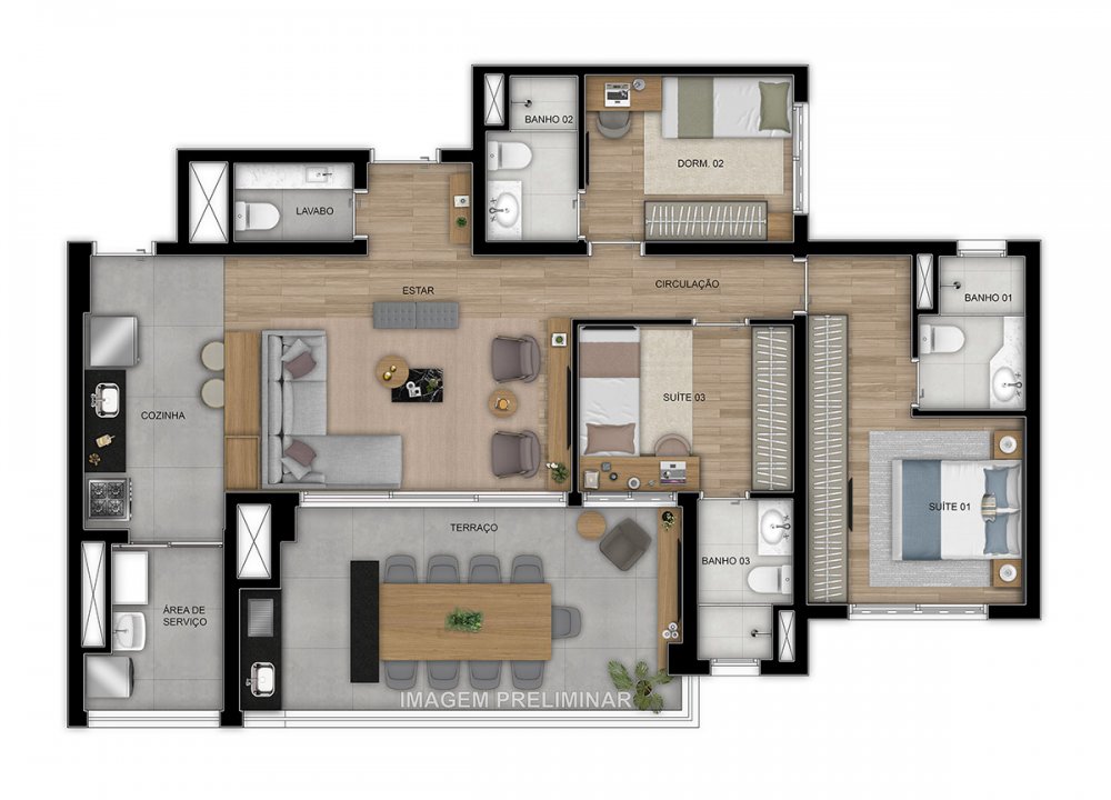 Planta 108 m ² 3 suites