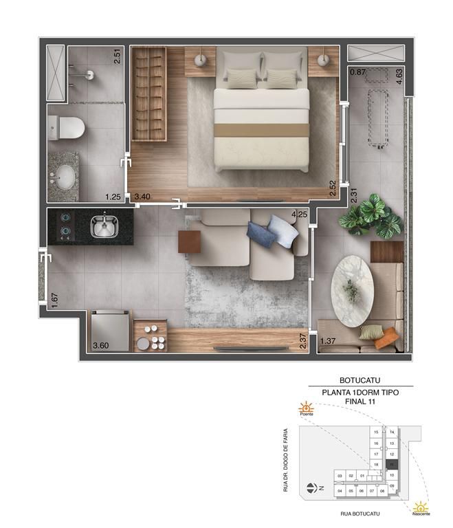 Planta 1 dormitório 33 m²