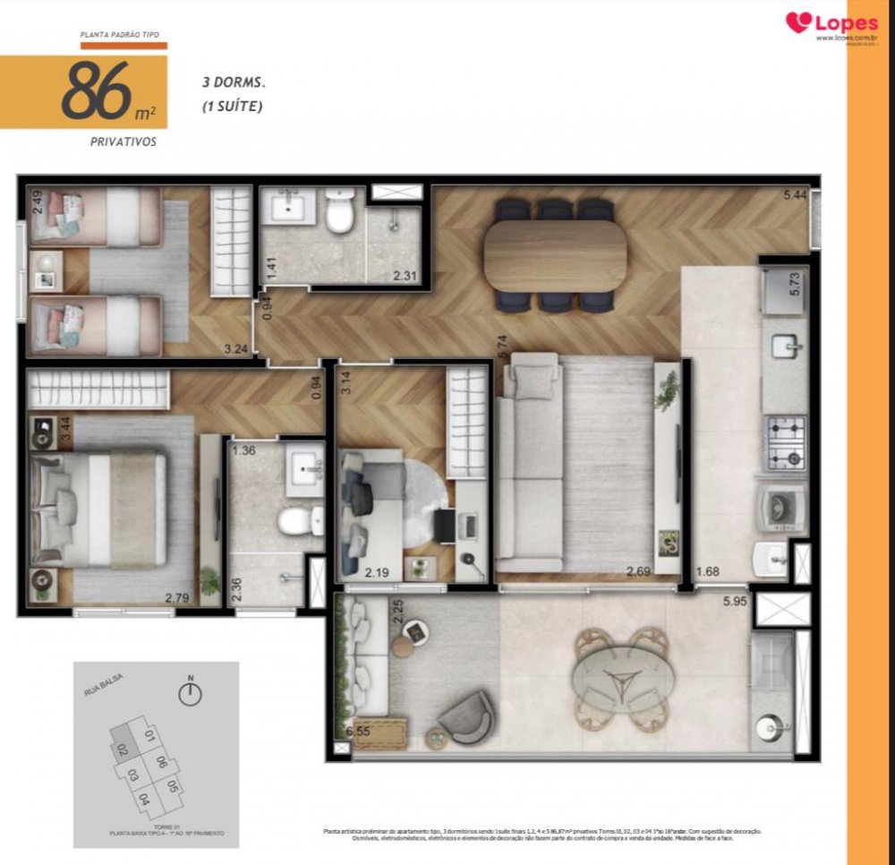 Planta 86 m² 3 dormitórios com 1 suíte