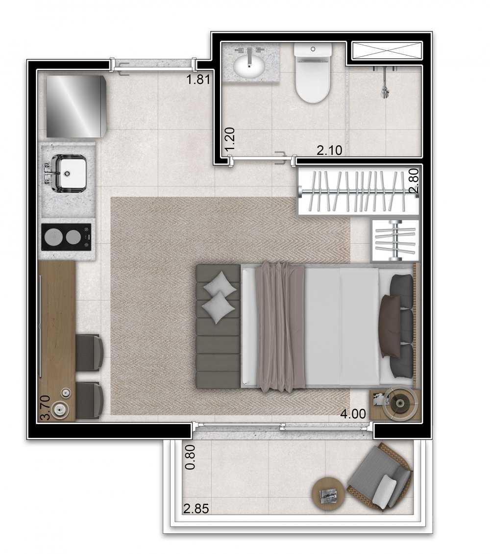 Planta studio 22 m²