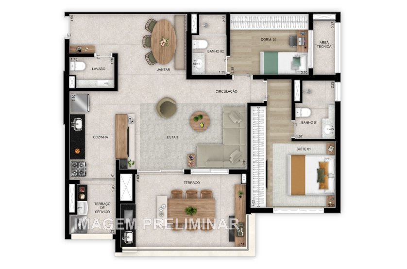 Planta 97 m� 3 dormit�rios op��o