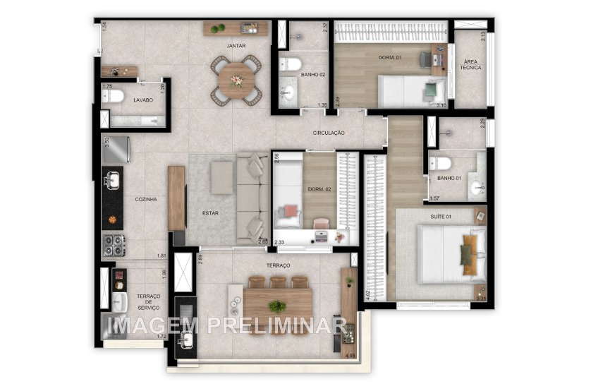 Planta 97 m� 3 dormit�rios com Lavabo