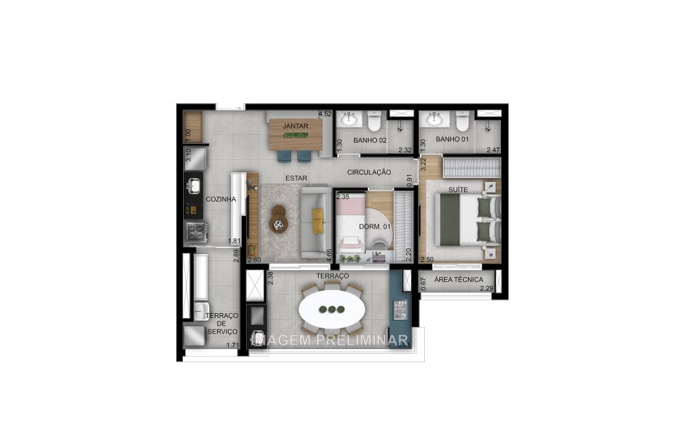 Planta 69 m� 2 dormit�rios