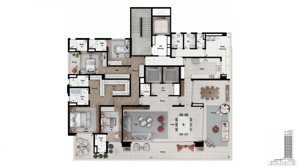 Planta tipo 4 suítes 332 m²