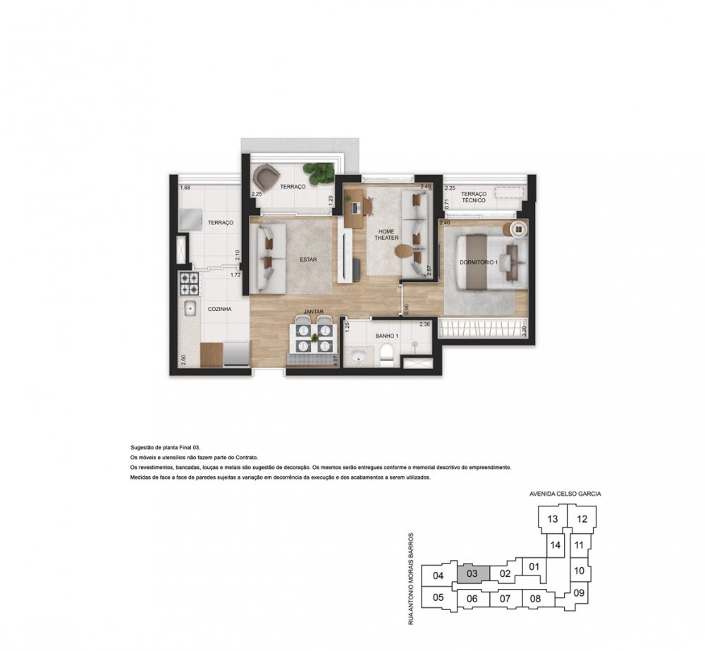 Planta 51 m² 2 dormitórios