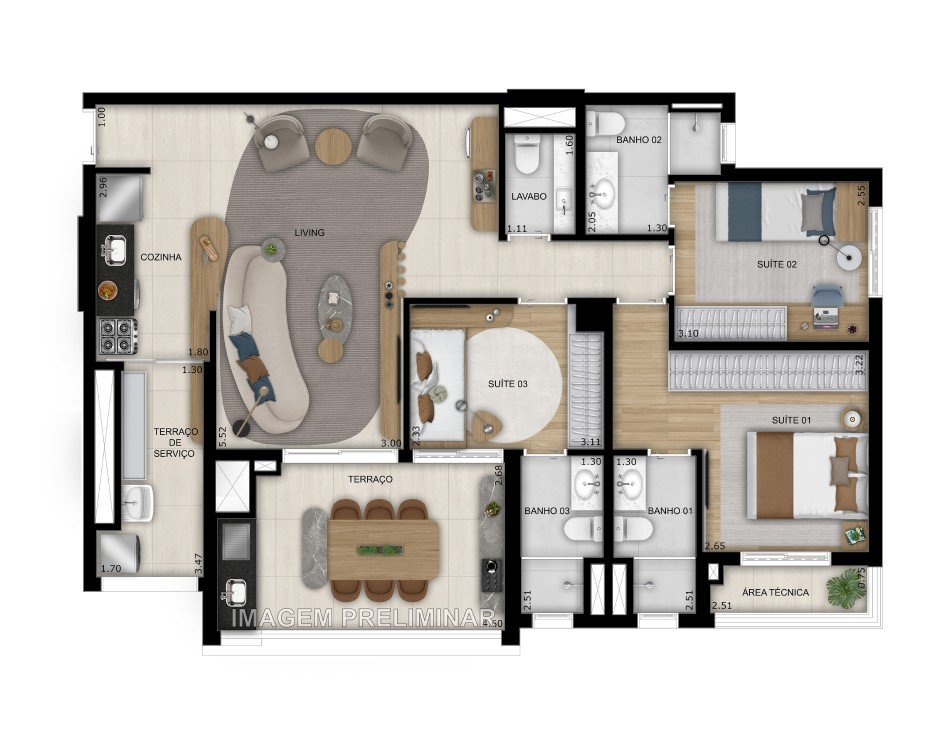 Planta 103 m² 3 suítes