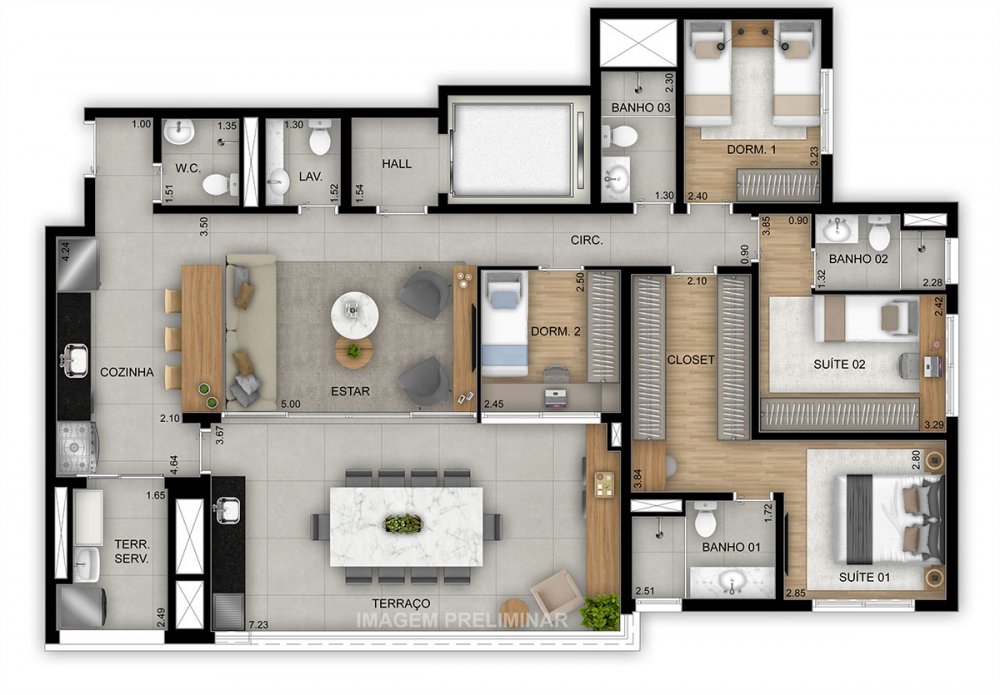 Planta 144 m² 4 dormitórios