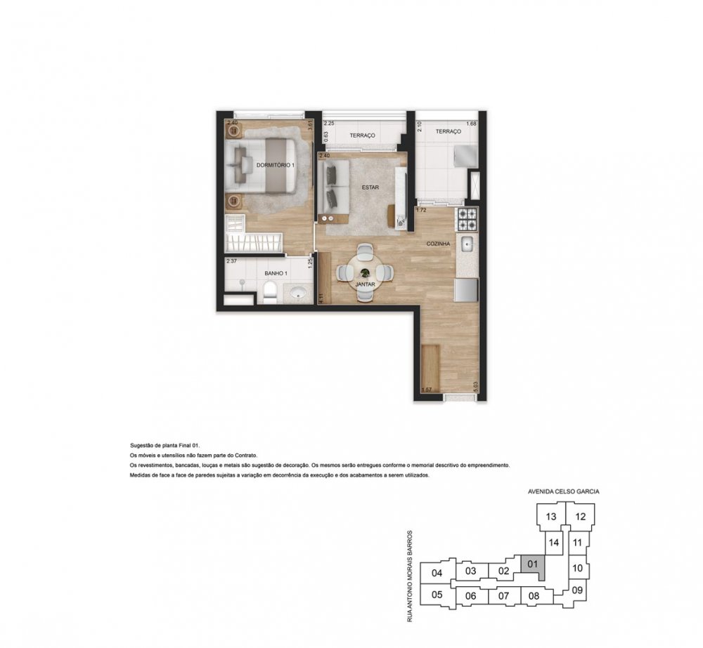 Planta 38 m² 1 dormitório
