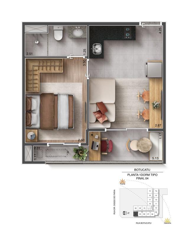 Planta 1 dormitório 30 m²