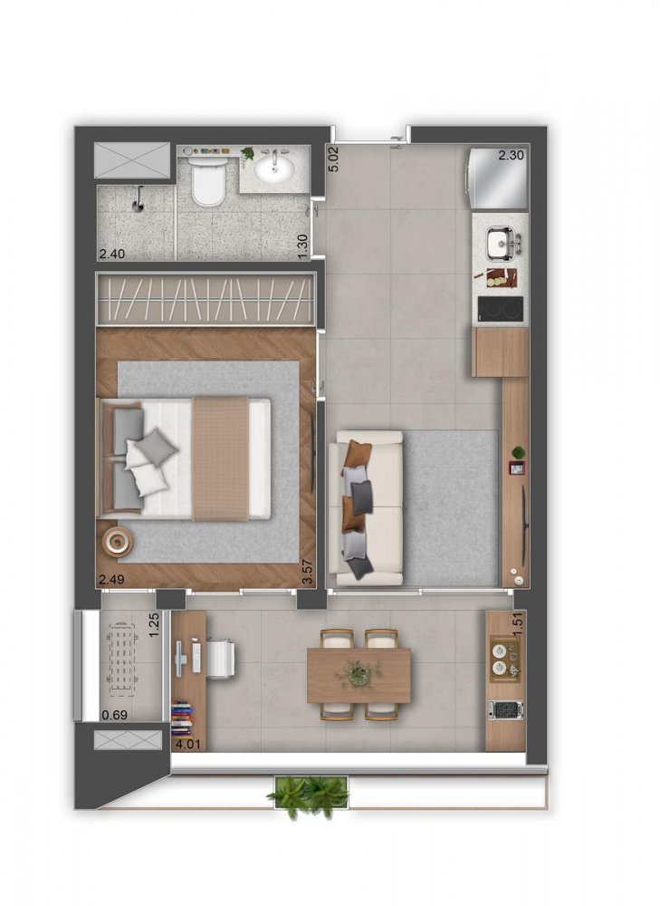 Planta 38 m² 1 dormitório