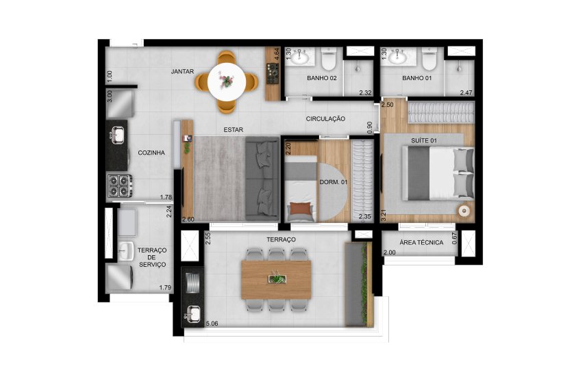 Planta 2 dormitórios 69 m²