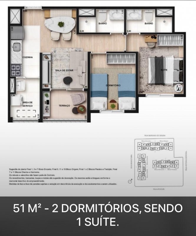 Planta 51 m� 2 dormit�rios