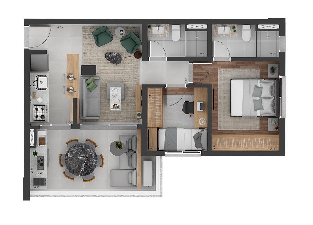 Planta 2 dormit�rios 59 m�