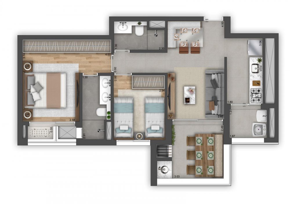 Planta 2 dormitórios 66 m²