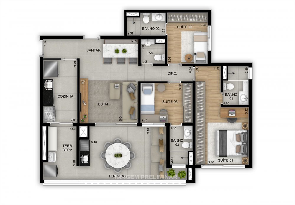 Planta 112 m² 3 suítes
