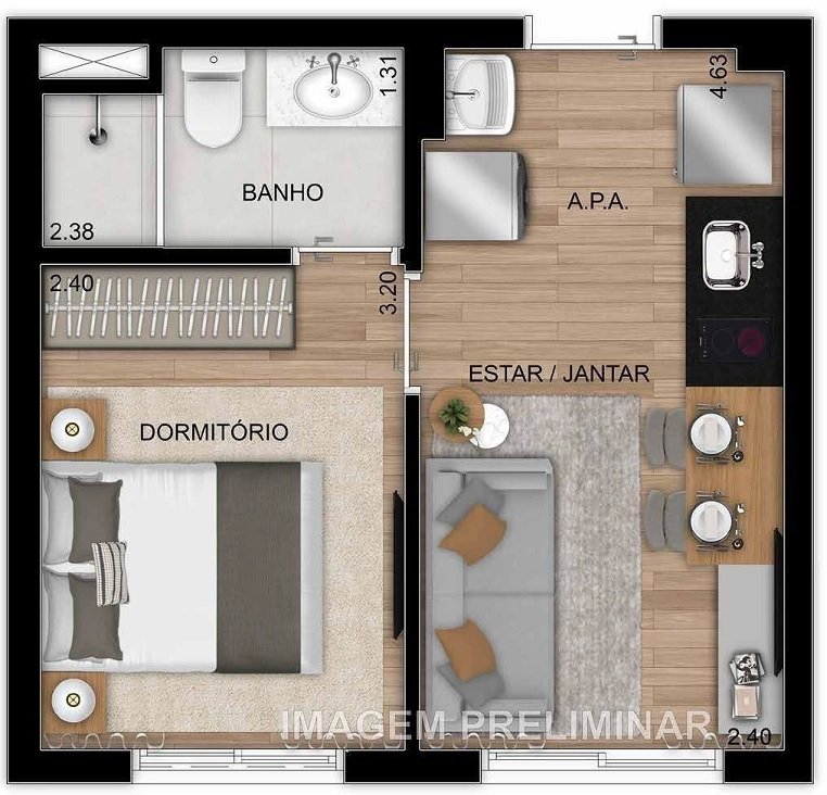Planta 26m� 1 dormit�rios