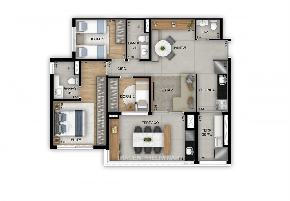 Planta 90m² 3 dormitórios