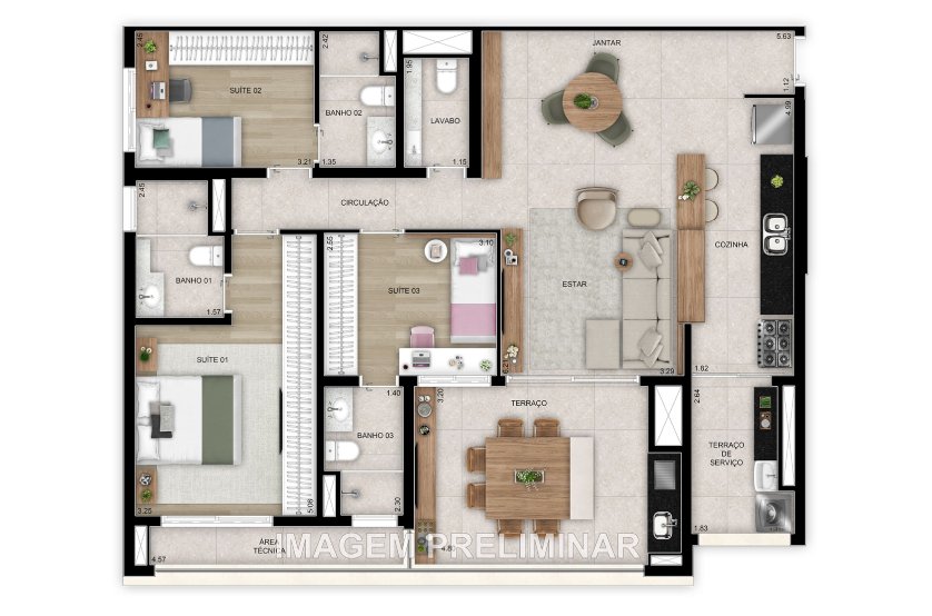 Planta 118 m� 3 su�tes