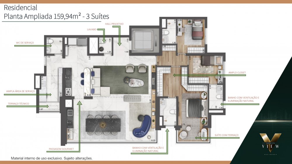 Planta 159 m� 3 su�tes