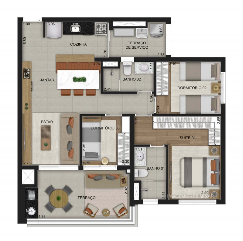 Planta 87 m² 3 dormitórios