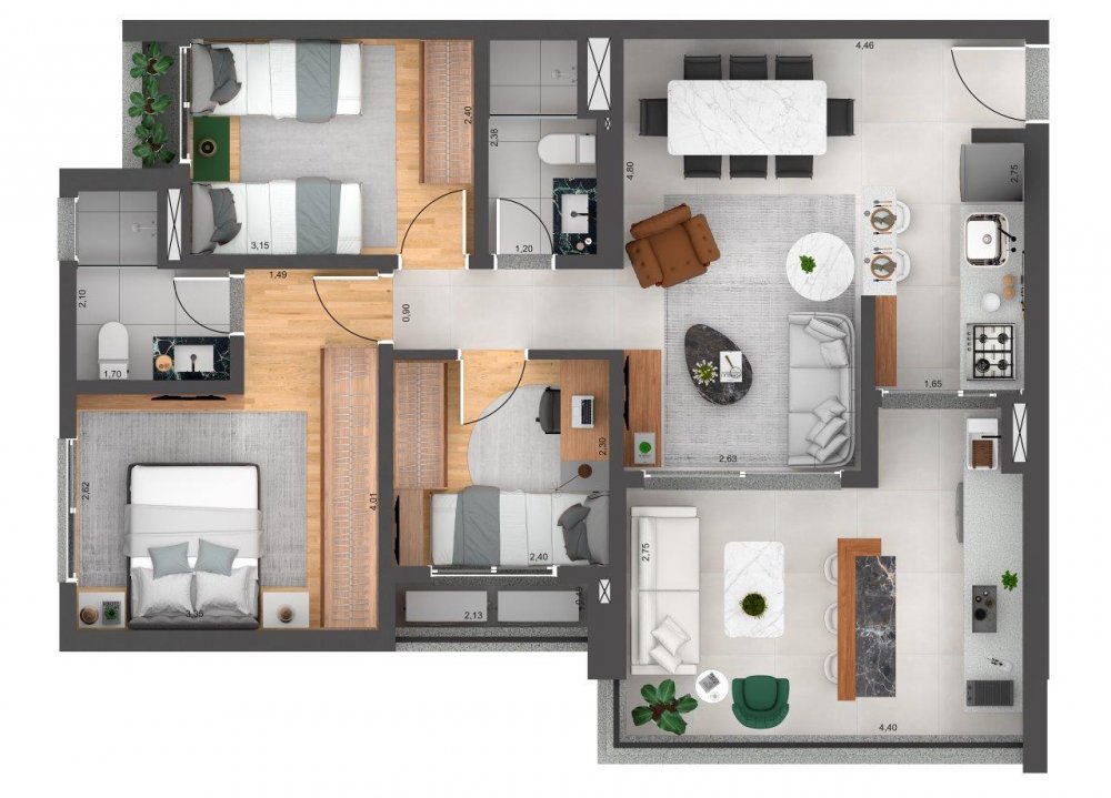 Planta 3 dormit�rios 81 m�