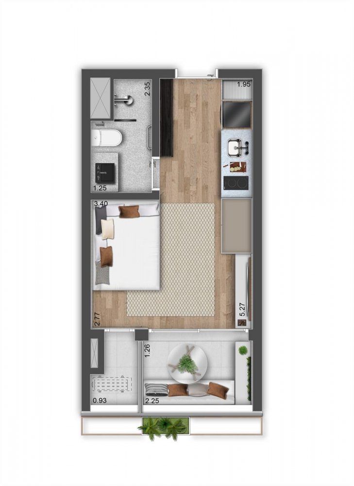 Planta studio 26 m²