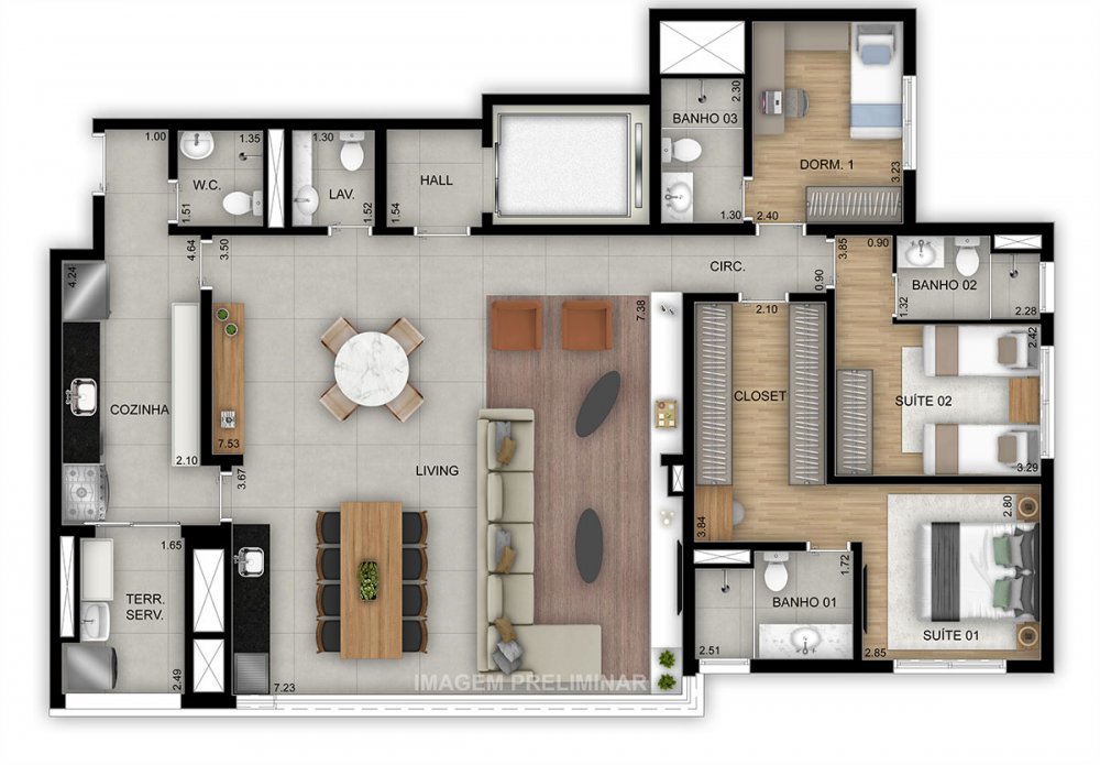 Planta 144 m² 3 Suítes