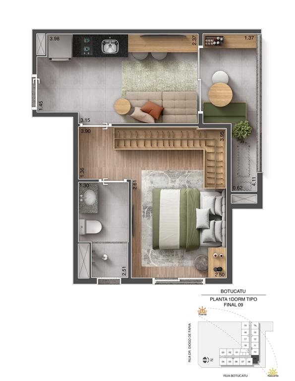 Planta 1 dormitório 33 m²