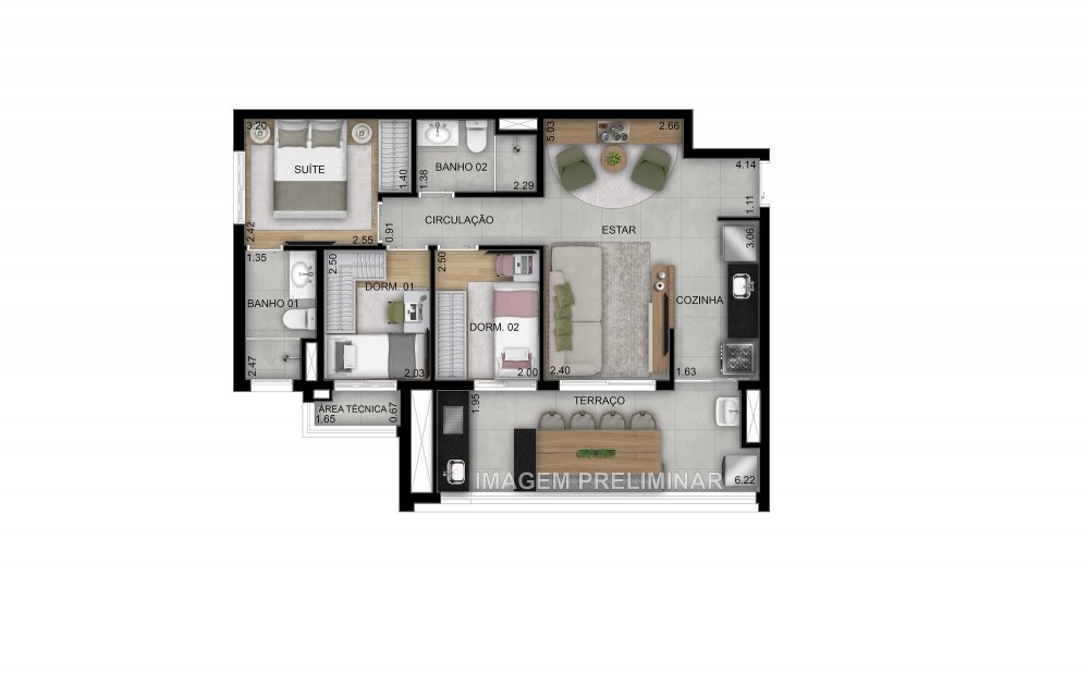 Planta 69 m� 3 dormit�rios