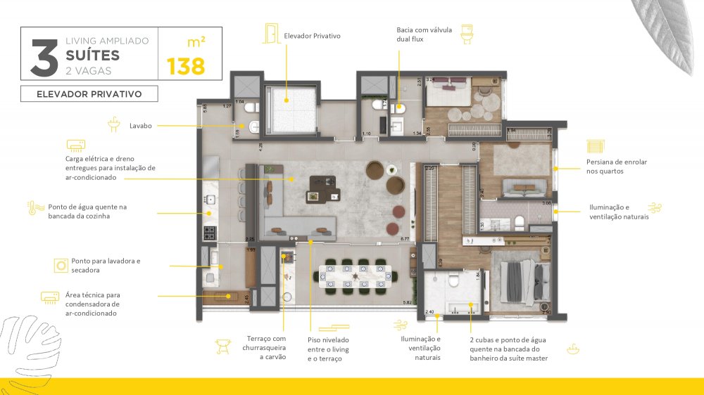 Planta 138 m² 3 suítes