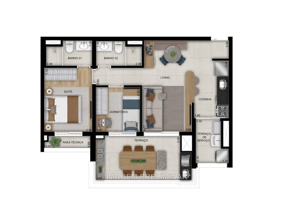 Planta 70 m2 2 dormitórios