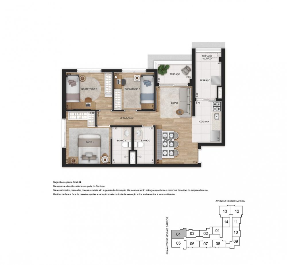 Planta 3 dormit�rios 68 m�