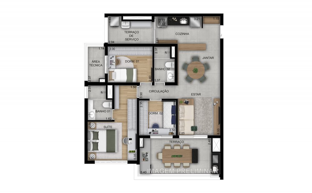 Planta 94 m� 3 dormit�rios 1 su�te