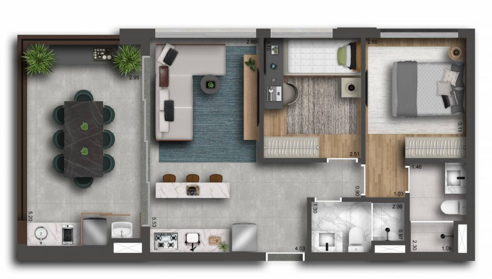 Planta 68 m² 2 dorms